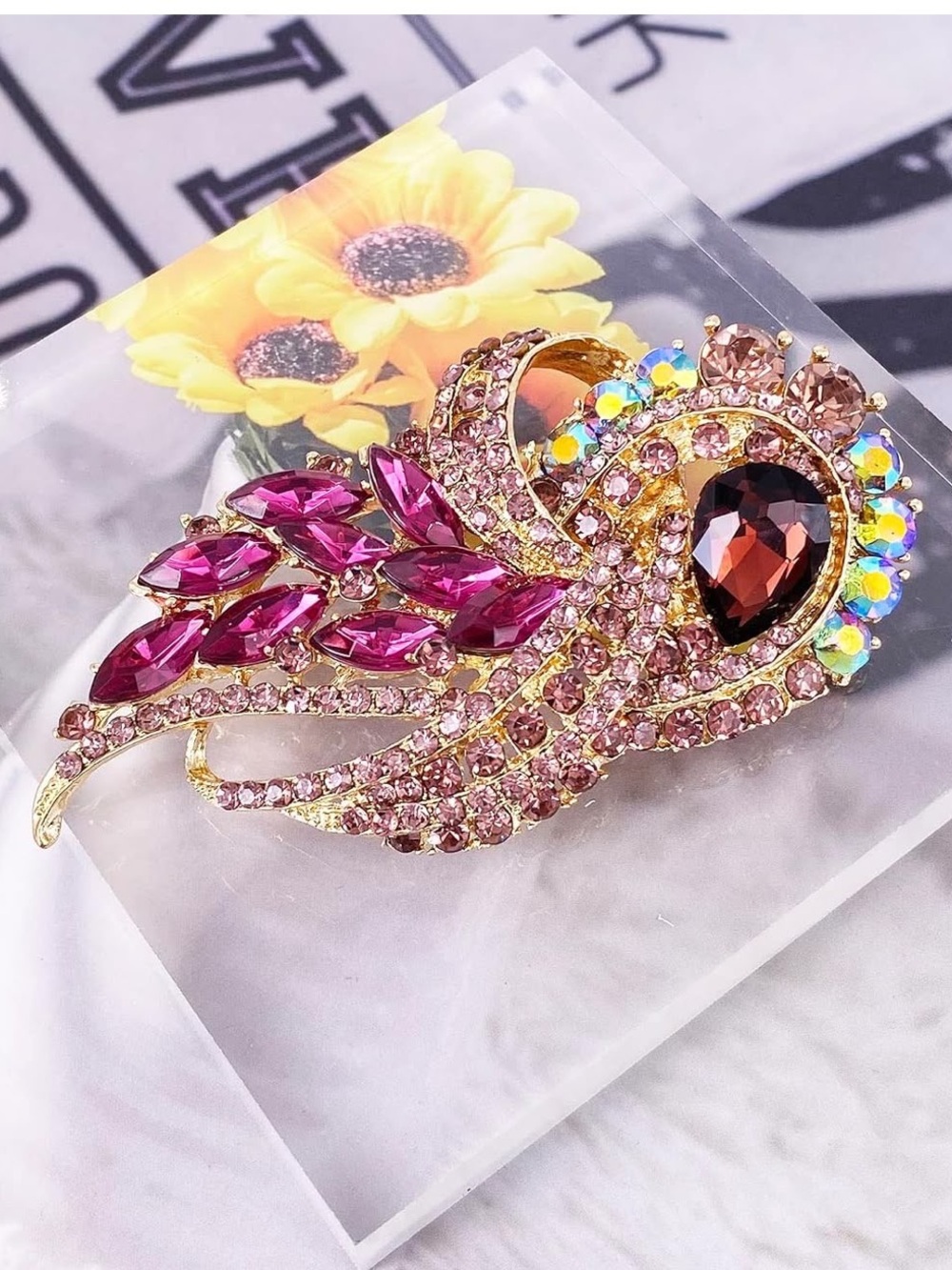 Anthropologie Gold Tone Pink and Burgundy Crystal Feather Brooch - Picture 3 of 5